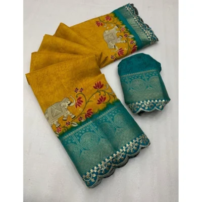 Women's Dola Silk Printed Saree With Unstitched Blouse 5.5Mtr (Mustard)