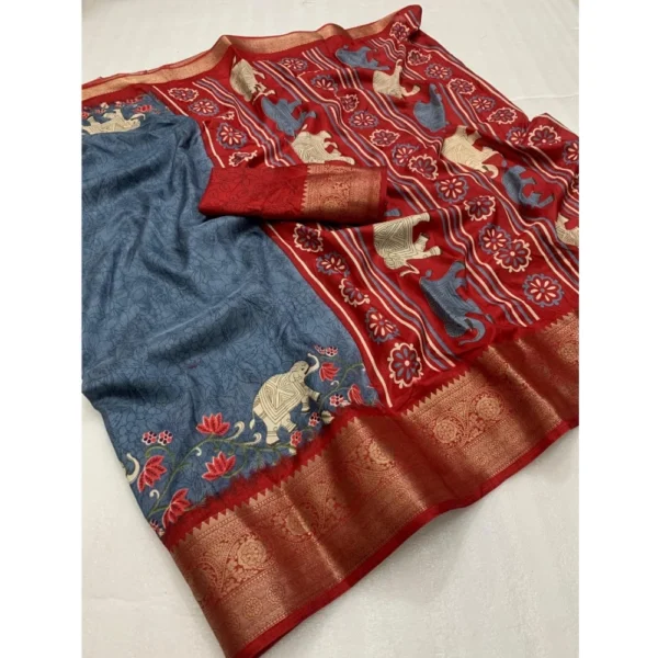 Women's Dola Silk Printed Saree With Unstitched Blouse 5.5Mtr (Grey) - Image 2