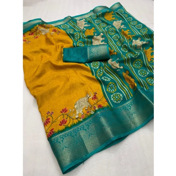 Women's Dola Silk Printed Saree With Unstitched Blouse 5.5Mtr (Mustard) - Image 2
