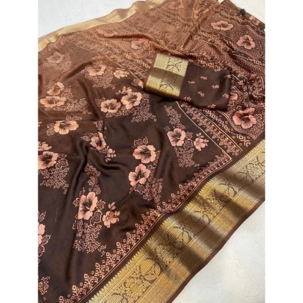 Women's Jacquard Printed Saree With Unstitched Blouse 5.5Mtr (Brown) - Image 2