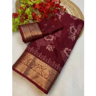 Women's Jacquard Printed Saree With Unstitched Blouse 5.5Mtr (Maroon)