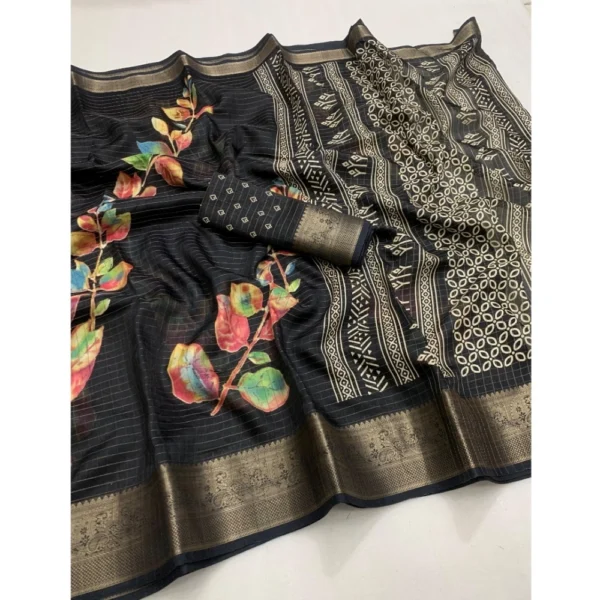 Women's Dola Silk Printed Saree With Unstitched Blouse 5.5Mtr (Black) - Image 2