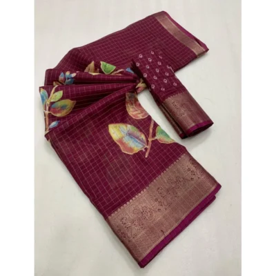 Women's Dola Silk Printed Saree With Unstitched Blouse 5.5Mtr (Wine)
