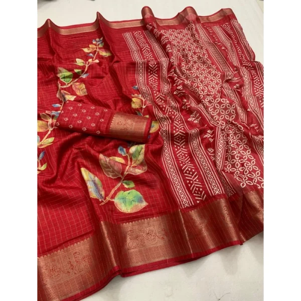 Women's Dola Silk Printed Saree With Unstitched Blouse 5.5Mtr (Red) - Image 2