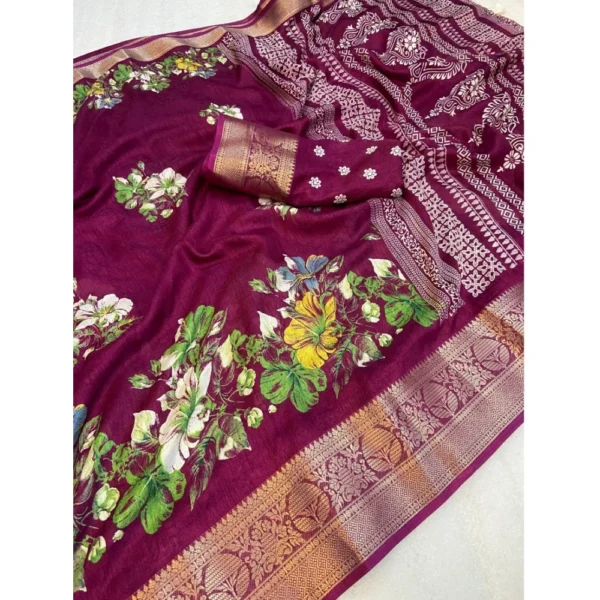 Women's Jacquard Printed Saree With Unstitched Blouse 5.5Mtr (Wine) - Image 2