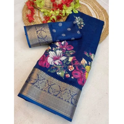 Women's Jacquard Printed Saree With Unstitched Blouse 5.5Mtr (Blue)