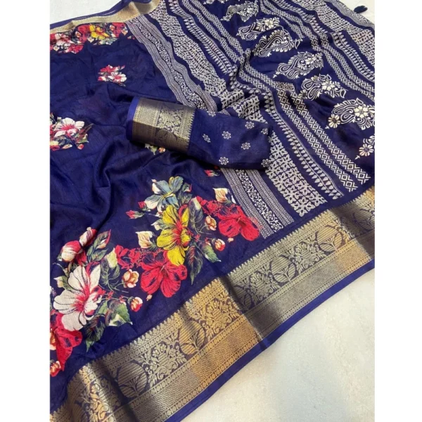 Women's Jacquard Printed Saree With Unstitched Blouse 5.5Mtr (Navy Blue) - Image 2