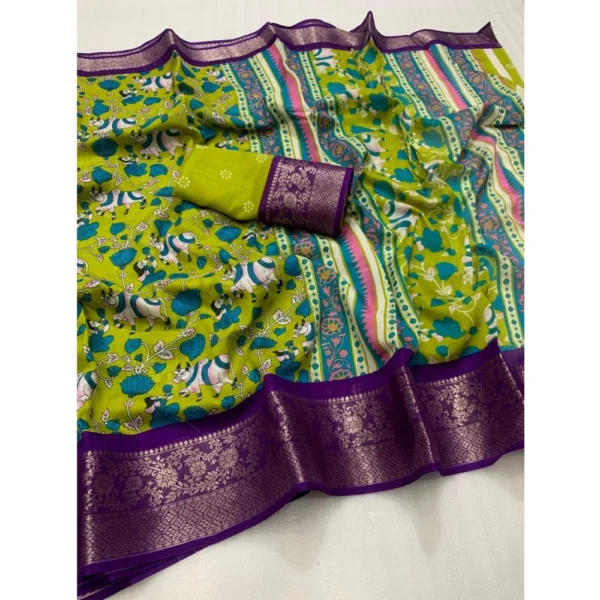 Women's Dola Silk Printed Saree With Unstitched Blouse 5.5Mtr (Green) - Image 2