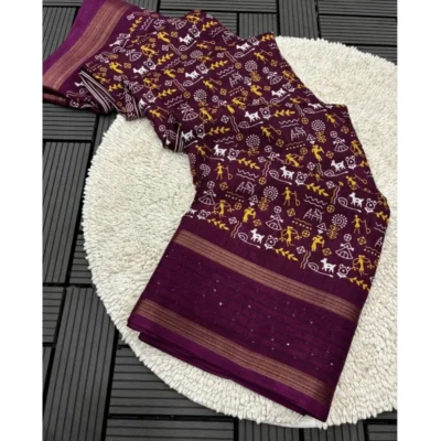 Women's Dola Silk Printed Saree With Unstitched Blouse 5.5Mtr (Wine)