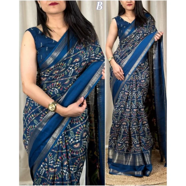 Women's Denting Cotton Printed Saree With Unstitched Blouse 5.5Mtr (Blue)