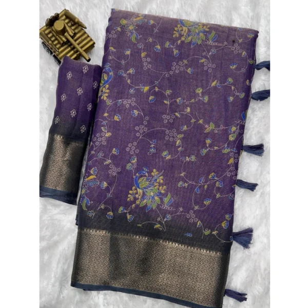Women's Cotton Zari Printed Saree With Unstitched Blouse 5.5Mtr (Purple)