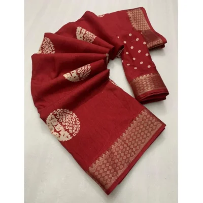 Women's Cotton Crape Printed Saree With Unstitched Blouse 5.5Mtr (Red)