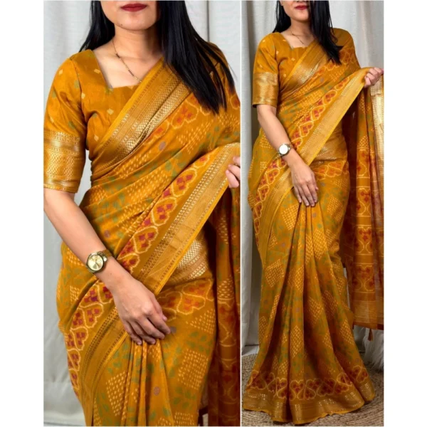 Women's Dola Silk Printed Saree With Unstitched Blouse 5.5Mtr (Yellow) - Image 2