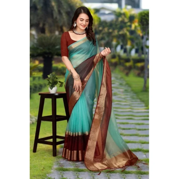 Women's Khadi Cotton  Solid Saree With Unstitched Blouse 5.5Mtr (Sky Blue) - Image 2