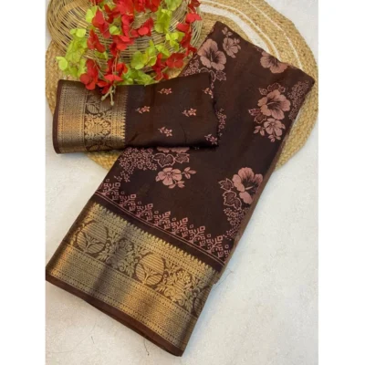 Women's Jacquard Printed Saree With Unstitched Blouse 5.5Mtr (Brown)