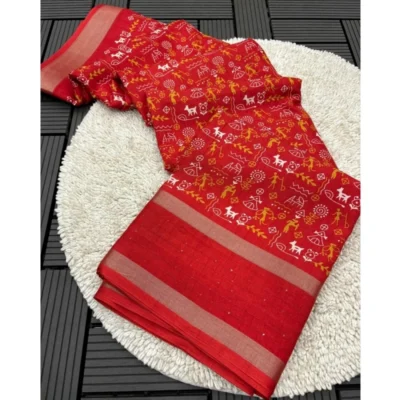 Women's Dola Silk Printed Saree With Unstitched Blouse 5.5Mtr (Red)