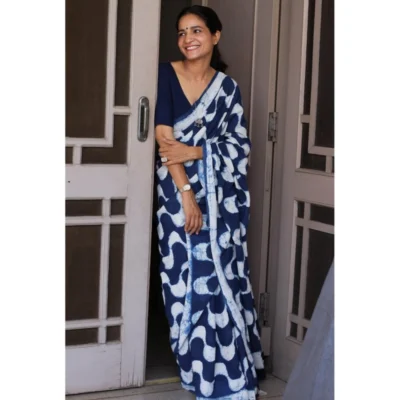 Women's Pure Chanderi Printed Saree With Unstitched Blouse 5.5Mtr (Blue)