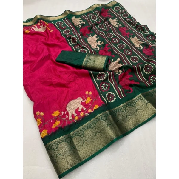 Women's Dola Silk Printed Saree With Unstitched Blouse 5.5Mtr (Pink) - Image 2