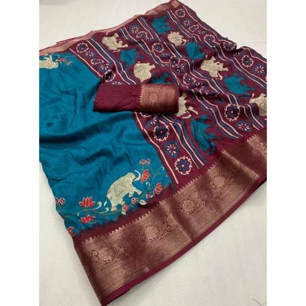 Women's Dola Silk Printed Saree With Unstitched Blouse 5.5Mtr (Blue) - Image 2