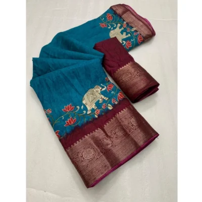 Women's Dola Silk Printed Saree With Unstitched Blouse 5.5Mtr (Blue)