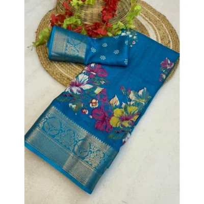 Women's Jacquard Printed Saree With Unstitched Blouse 5.5Mtr (Sky Blue)