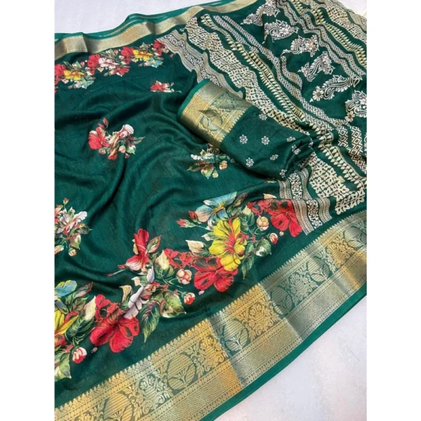 Women's Jacquard Printed Saree With Unstitched Blouse 5.5Mtr (Green) - Image 2