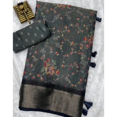 Women's Cotton Zari Printed Saree With Unstitched Blouse 5.5Mtr (Grey)