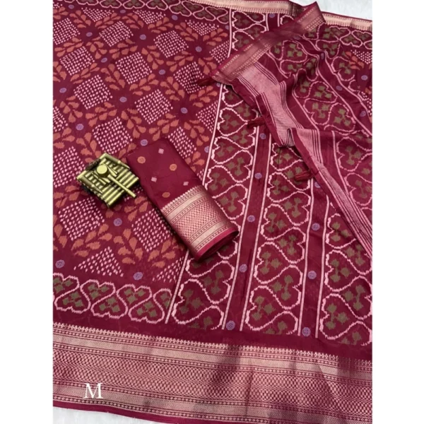 Women's Dola Silk Printed Saree With Unstitched Blouse 5.5Mtr (Maroon)
