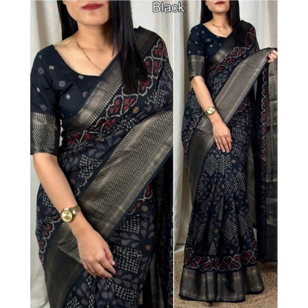 Women's Dola Silk Printed Saree With Unstitched Blouse 5.5Mtr (Black) - Image 2