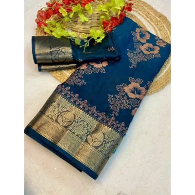 Women's Jacquard Printed Saree With Unstitched Blouse 5.5Mtr (Blue)