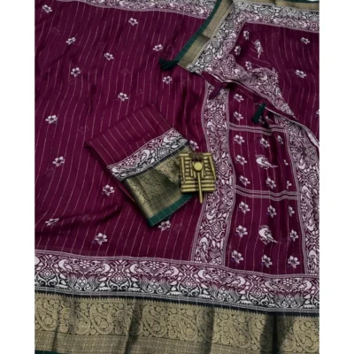 Women's Cotton Silk Printed Saree With Unstitched Blouse 5.5Mtr (Wine)