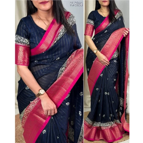 Women's Cotton Silk Printed Saree With Unstitched Blouse 5.5Mtr (Navy Blue) - Image 2