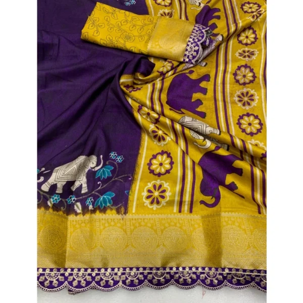 Women's Dola Silk Printed Saree With Unstitched Blouse 5.5Mtr (Purple) - Image 2