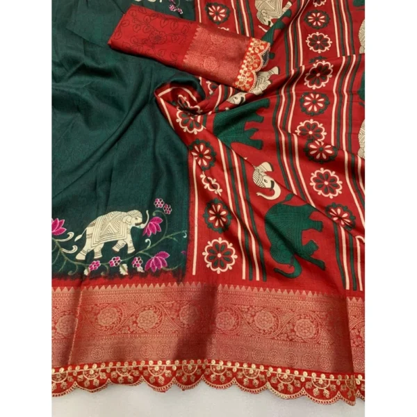 Women's Dola Silk Printed Saree With Unstitched Blouse 5.5Mtr (Green) - Image 2