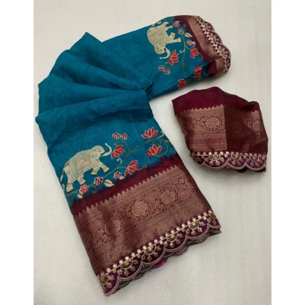 Women's Dola Silk Printed Saree With Unstitched Blouse 5.5Mtr (Blue)