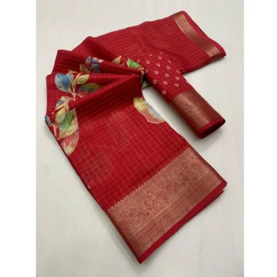 Women's Dola Silk Printed Saree With Unstitched Blouse 5.5Mtr (Red)