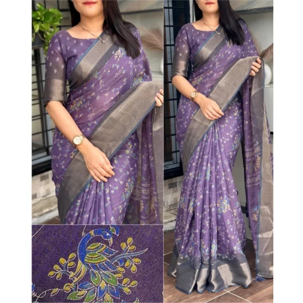 Women's Cotton Zari Printed Saree With Unstitched Blouse 5.5Mtr (Purple) - Image 2