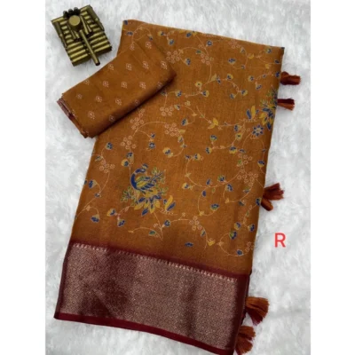 Women's Cotton Zari Printed Saree With Unstitched Blouse 5.5Mtr (Mustard)