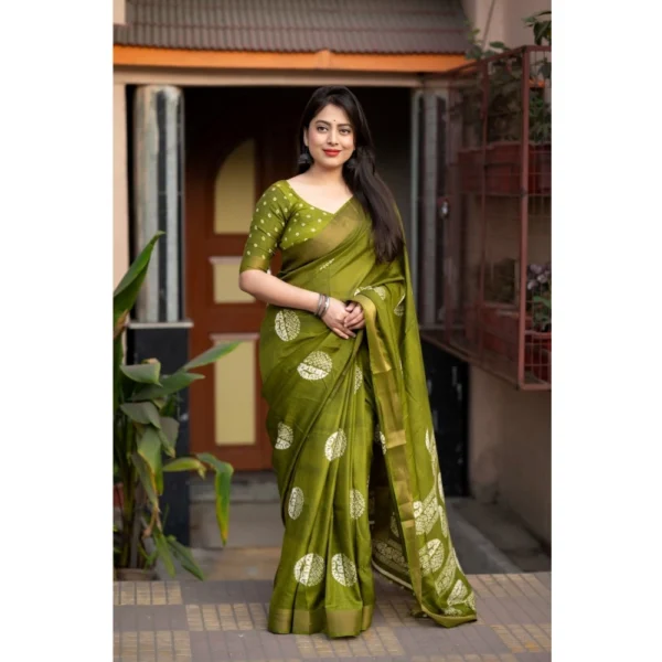 Women's Cotton Crape Printed Saree With Unstitched Blouse 5.5Mtr (Green) - Image 2