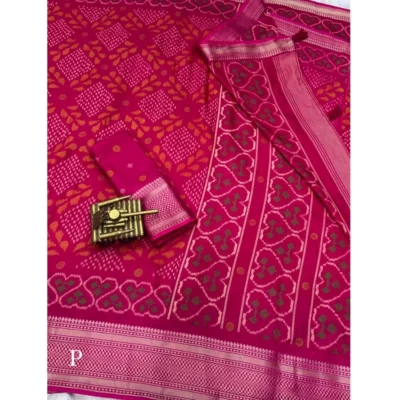 Women's Dola Silk Printed Saree With Unstitched Blouse 5.5Mtr (Pink)