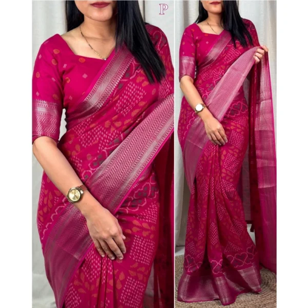 Women's Dola Silk Printed Saree With Unstitched Blouse 5.5Mtr (Pink) - Image 2