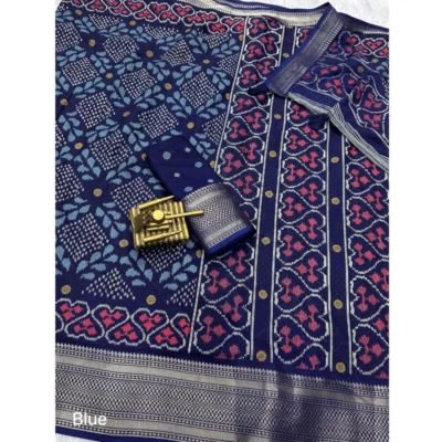 Women's Dola Silk Printed Saree With Unstitched Blouse 5.5Mtr (Blue)