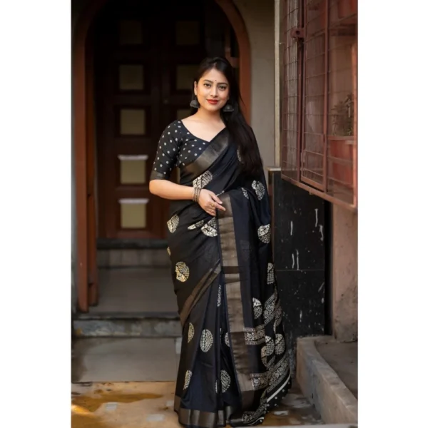 Women's Cotton Crape Printed Saree With Unstitched Blouse 5.5Mtr (Black) - Image 2