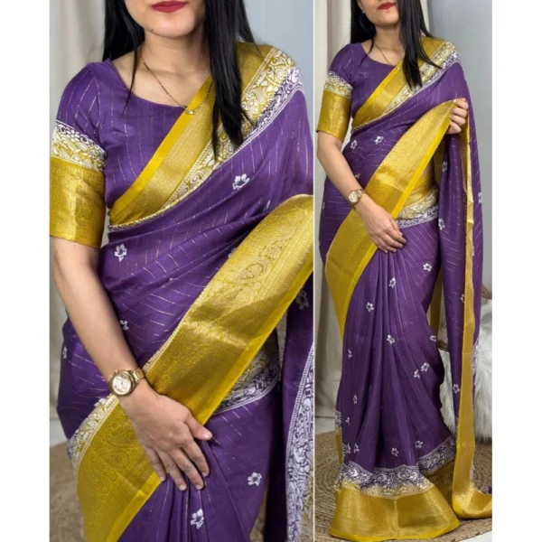 Women's Cotton Silk Printed Saree With Unstitched Blouse 5.5Mtr (Purple) - Image 2