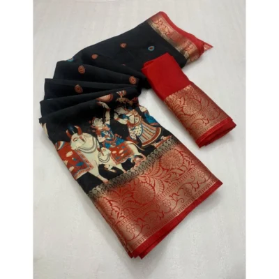 Women's Dola Silk Printed Saree With Unstitched Blouse 5.5Mtr (Black)