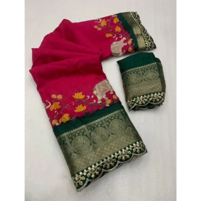 Women's Dola Silk Printed Saree With Unstitched Blouse 5.5Mtr (Pink)