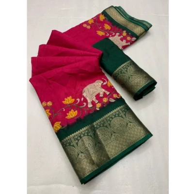 Women's Dola Silk Printed Saree With Unstitched Blouse 5.5Mtr (Pink)