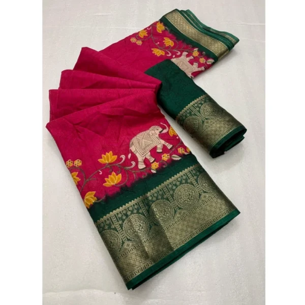 Women's Dola Silk Printed Saree With Unstitched Blouse 5.5Mtr (Pink)