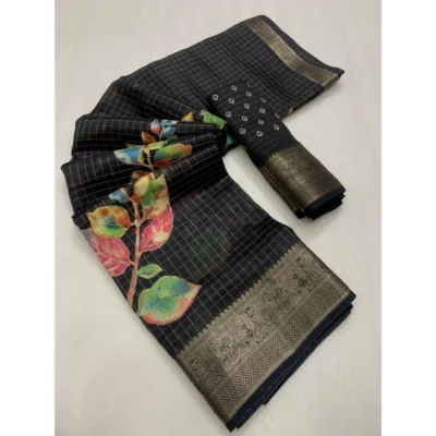 Women's Dola Silk Printed Saree With Unstitched Blouse 5.5Mtr (Black)