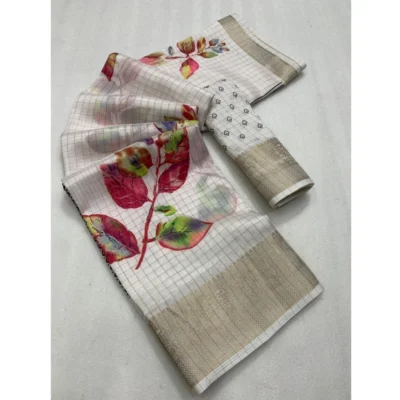 Women's Dola Silk Printed Saree With Unstitched Blouse 5.5Mtr (White)